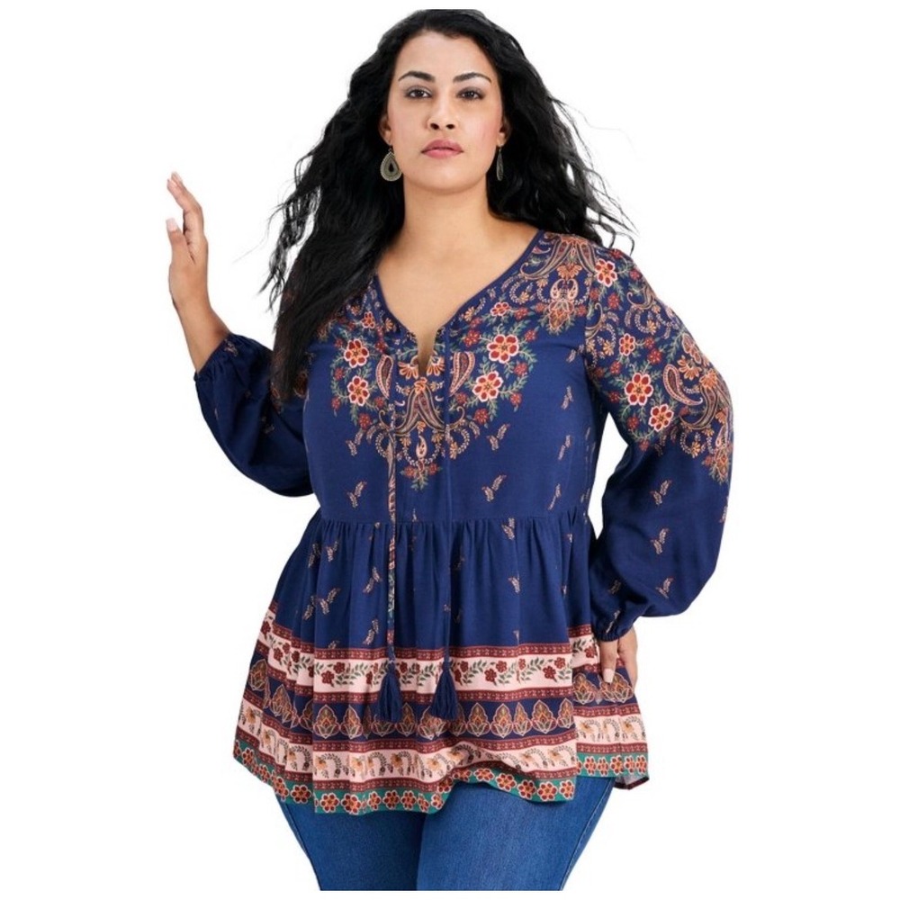 Avenue Kiani Boho Tunic Navy Blue Paisley‎ Floral Blouse Tassel V-Neck Size 20